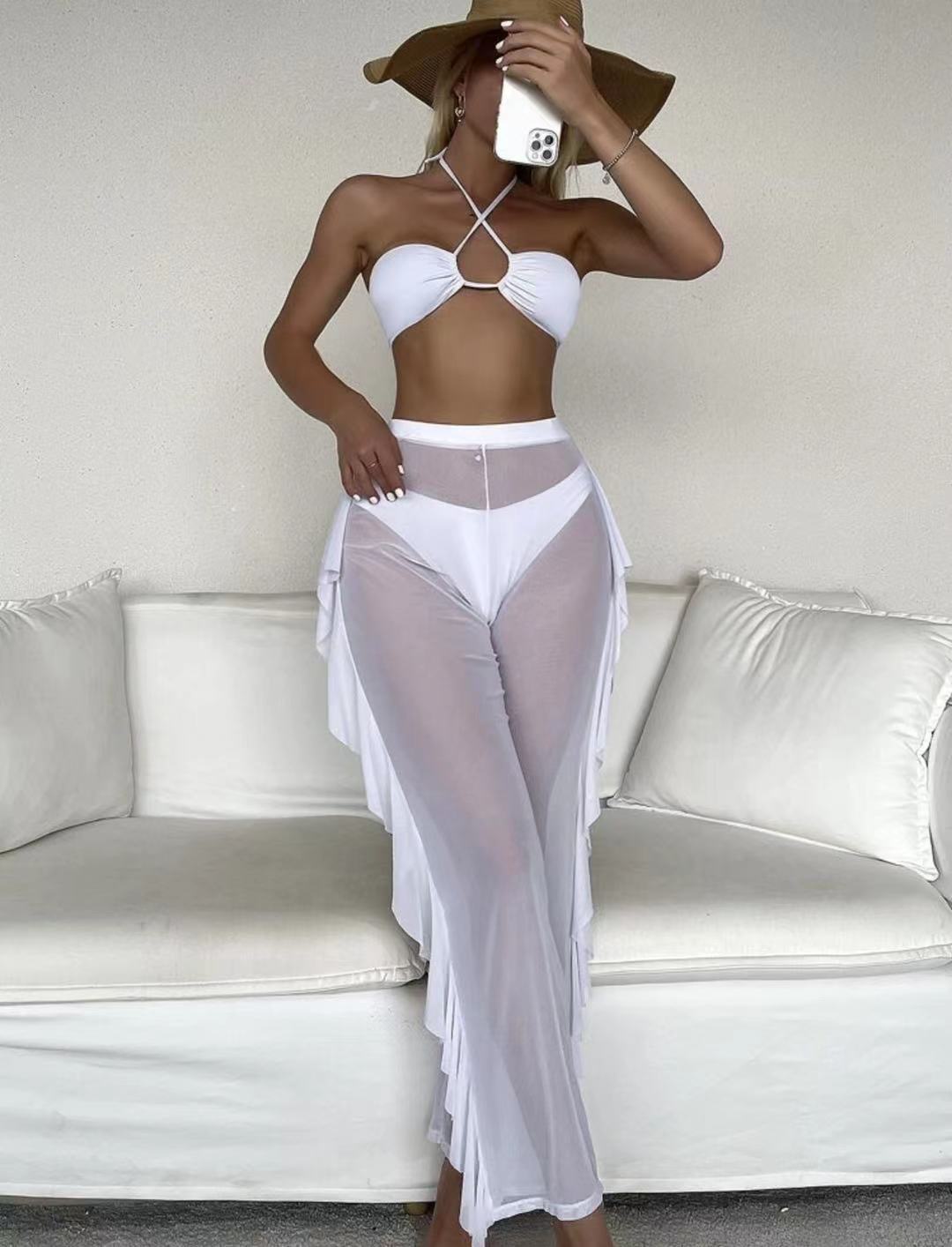 Women Sheer Bikini Sets with Ruffle Cover Up Long Pants Sexy Mesh Swimsuits